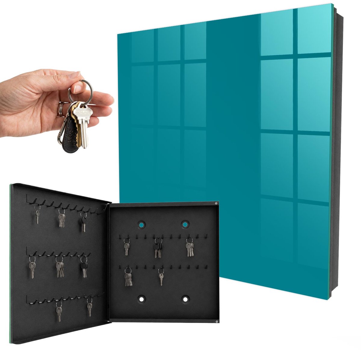 WallMuralia - Sleutelkast - 30x30x5 cm - met 50 haken - Koel Turkoois Sleutelkastje Design - Turkoois Sleutelbox - Linksopenend - Zwart interieur