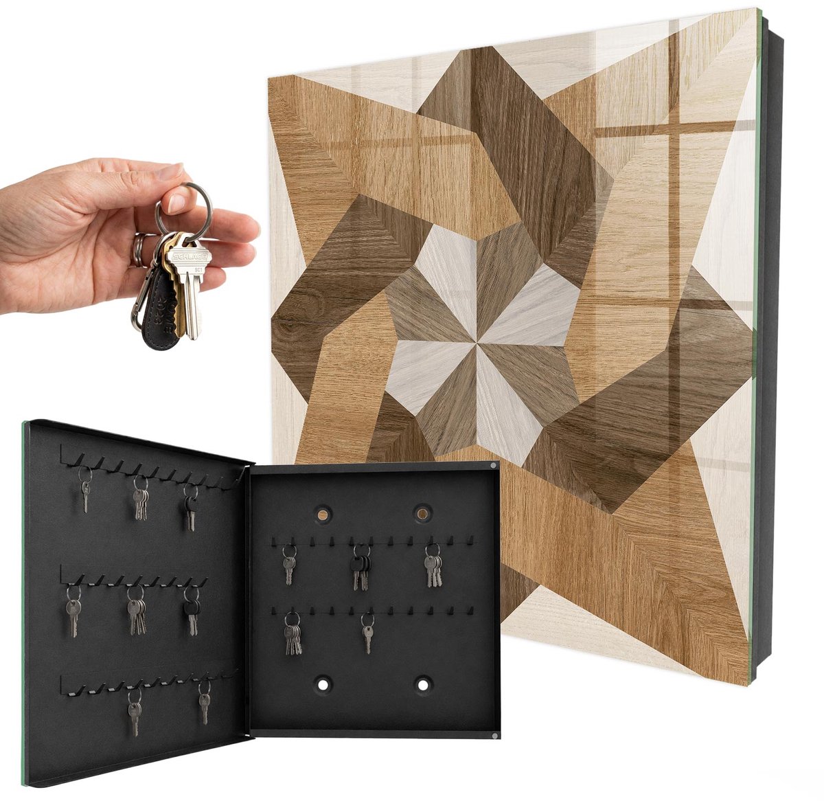 WallMuralia - Sleutelkast - 30x30x5 cm - met 50 haken - Houten Ster Sleutelkastje Binnen - Bruin Sleutelbox - Linksopenend - Zwart interieur