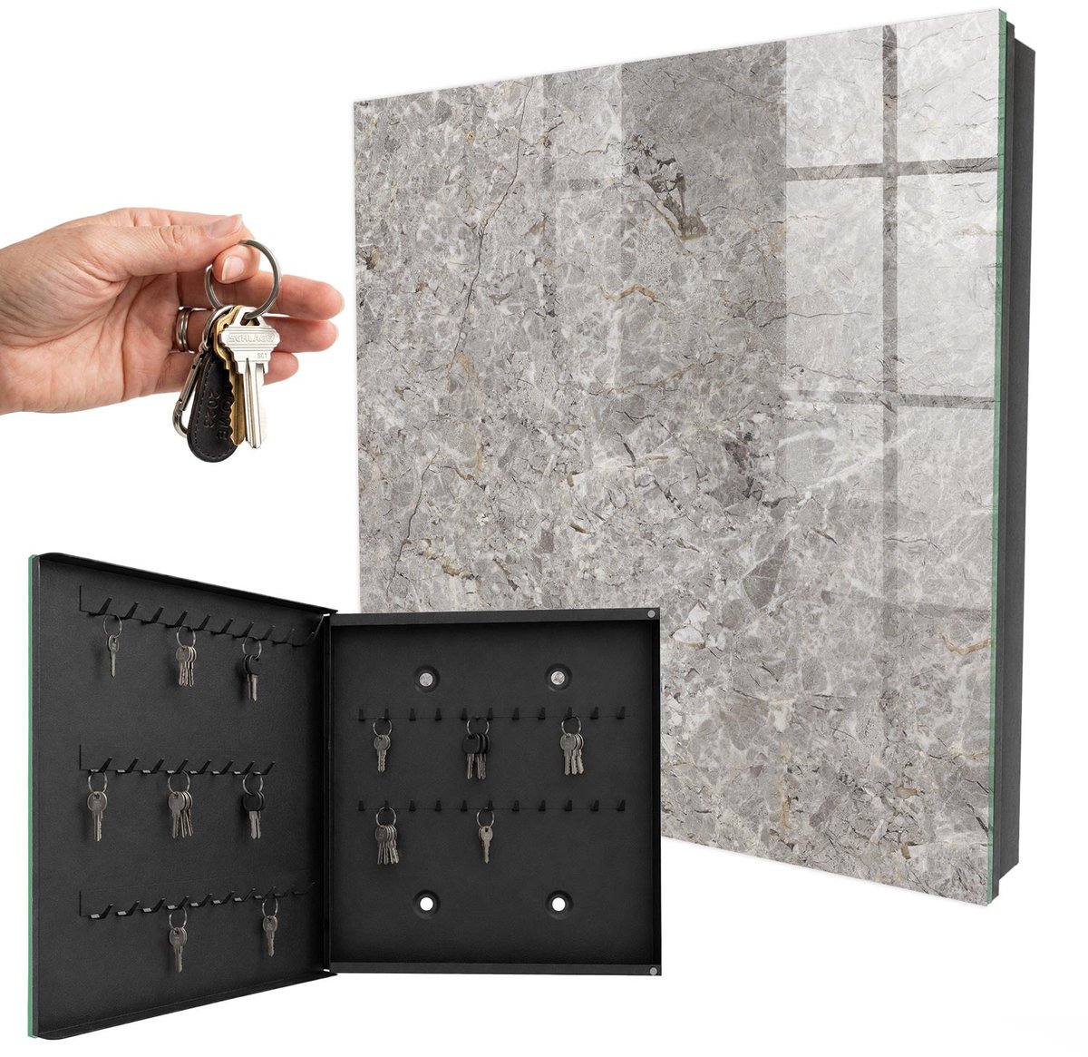 WallMuralia - Sleutelkast - 30x30x5 cm - met 50 haken - Marmeren Achtergrond Sleutelkastje Hal - Grijs Sleutelbox - Linksopenend - Zwart interieur