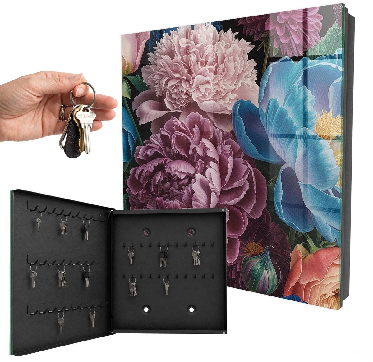 WallMuralia - Sleutelkast - 30x30x5 cm - met 50 haken - Kleurrijke Bloemen Sleutelkastje Voor Binnen - Roze Sleutelbox - Linksopenend - Zwart interieur