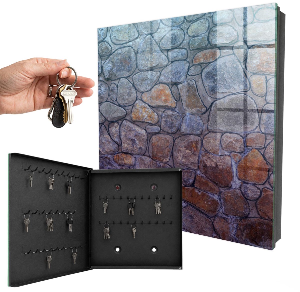 WallMuralia - Sleutelkast - 30x30x5 cm - met 50 haken - Steenstructuur Sleutelkastje Hal - Grijs Sleutelbox - Linksopenend - Zwart interieur