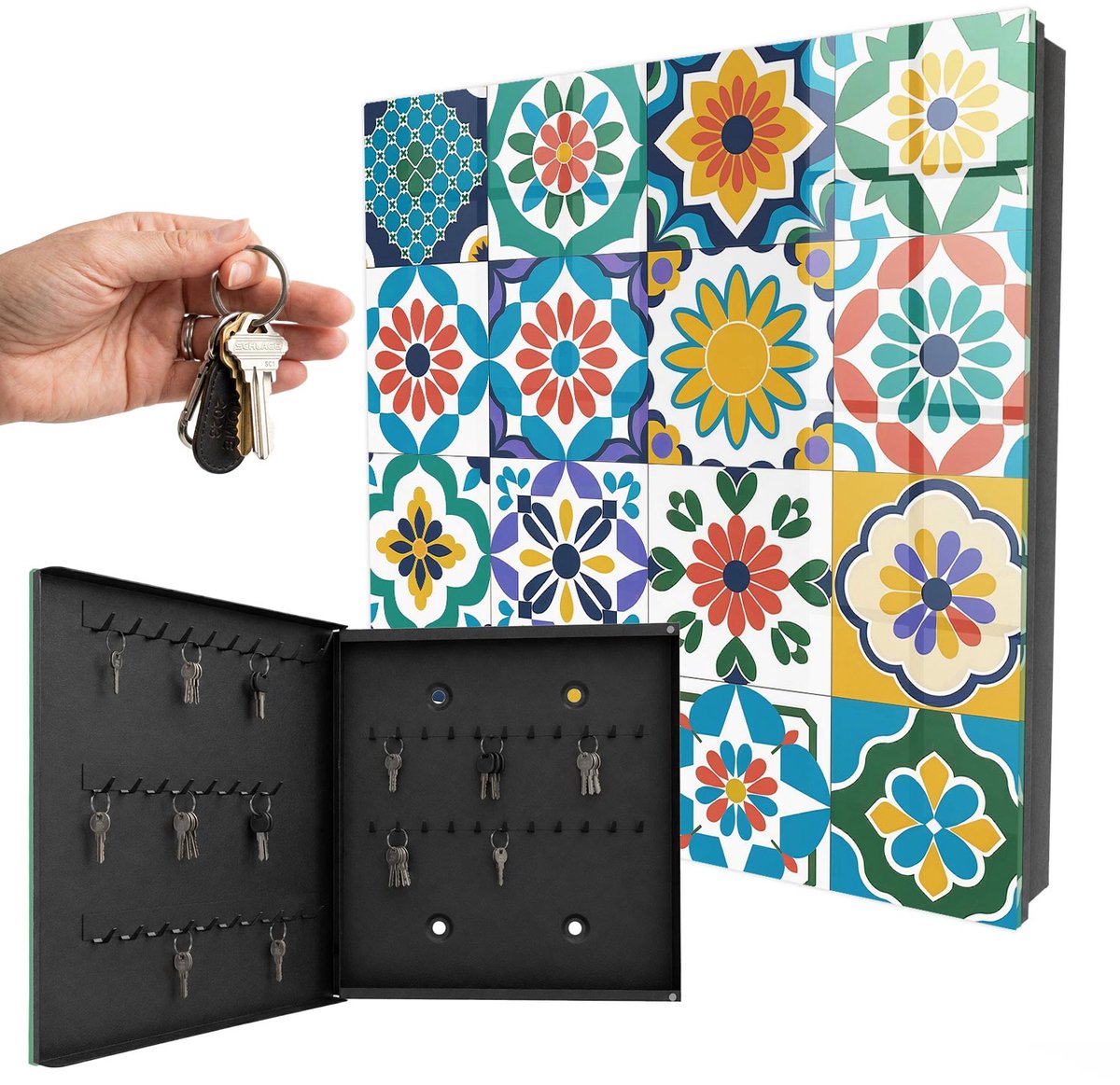 WallMuralia - Sleutelkast - 30x30x5 cm - met 50 haken - Bloemmotieven Groot Sleutelkastje - Blauw Sleutelbox - Linksopenend - Zwart interieur