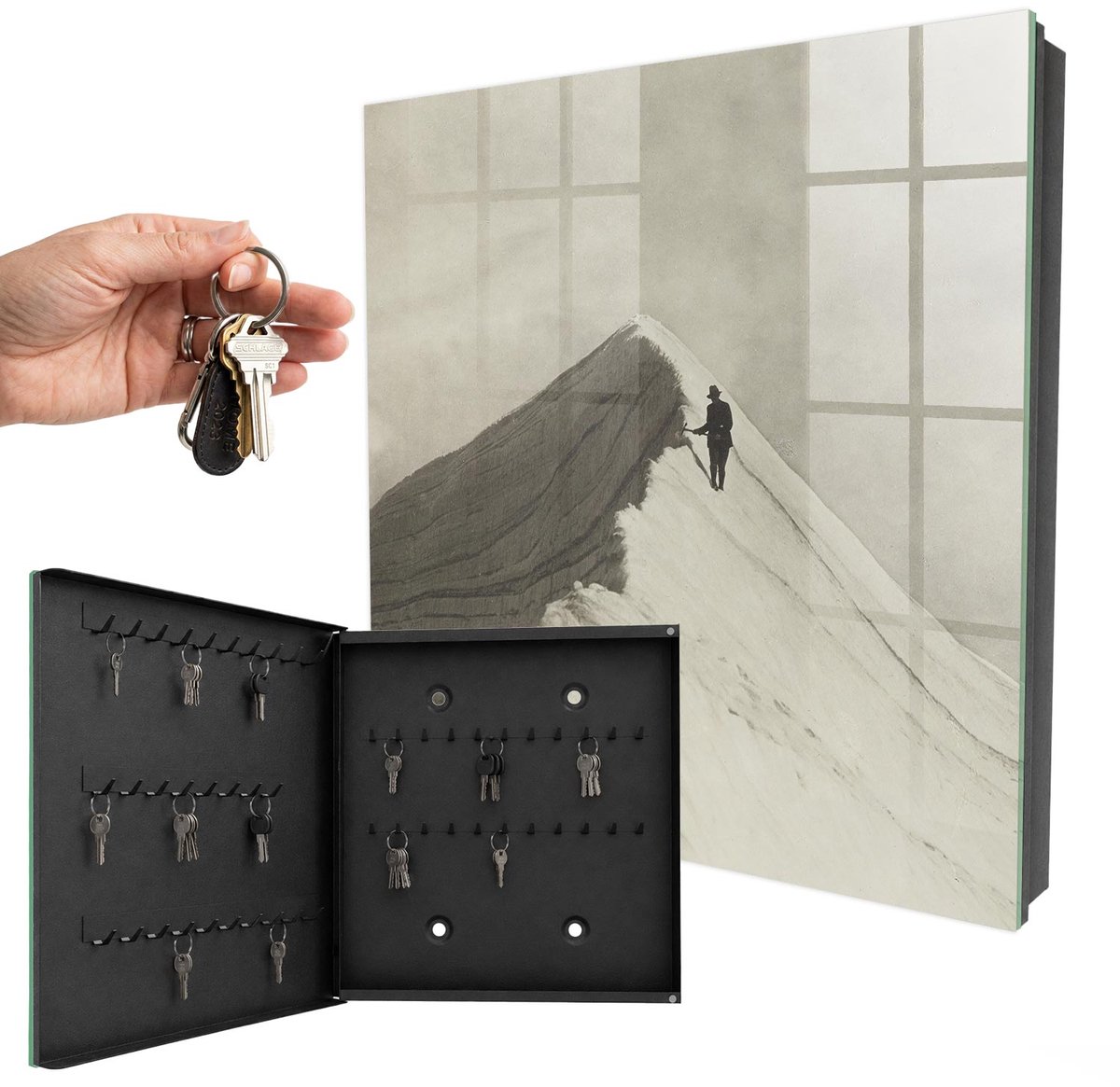 WallMuralia - Sleutelkast - 30x30x5 cm - met 50 haken - Bergklimmen Sleutelkastje Binnen - Wit Sleutelbox - Linksopenend - Zwart interieur
