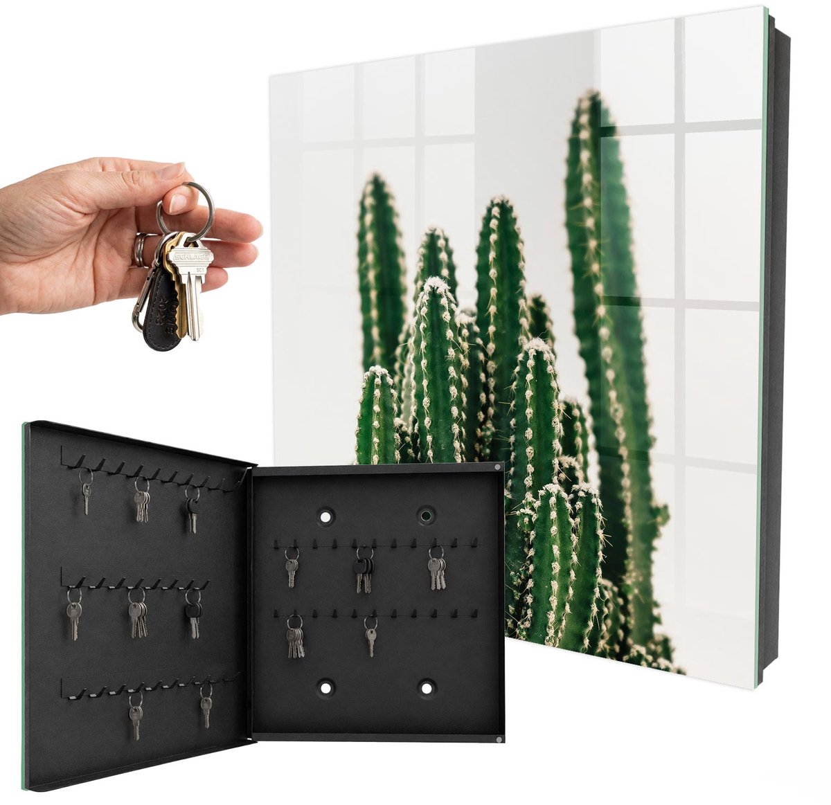 WallMuralia - Sleutelkast - 30x30x5 cm - met 50 haken - Groene Cactussen Sleutelkastje Huis - Groente Sleutelbox - Linksopenend - Zwart interieur