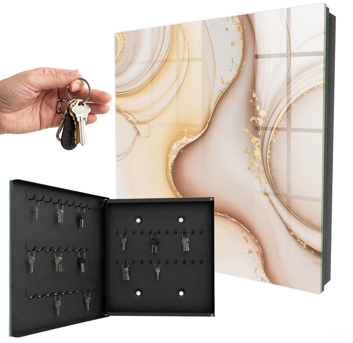 WallMuralia - Sleutelkast - 30x30x5 cm - met 50 haken - Beige Golven Sleutelkastje Design - Beige Sleutelbox - Linksopenend - Zwart interieur