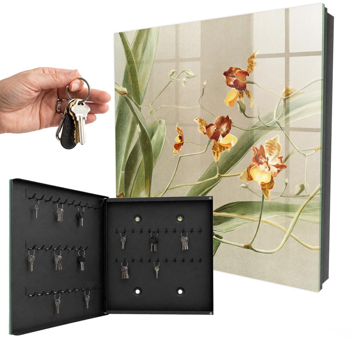 WallMuralia - Sleutelkast - 30x30x5 cm - met 50 haken - Klimbloemen Sleutelkastje Design - Groente Sleutelbox - Linksopenend - Zwart interieur