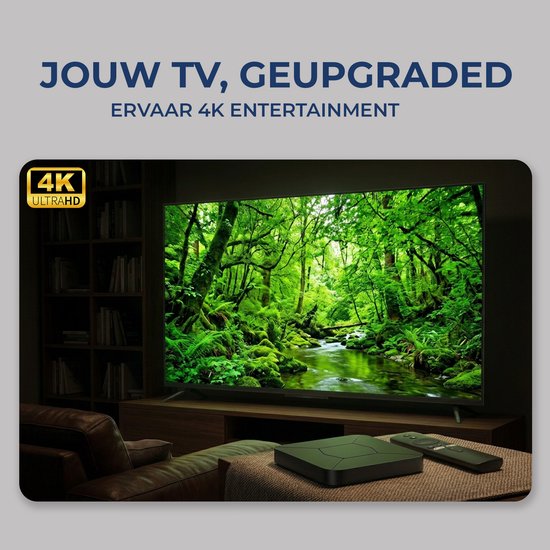Een 4K Ultra HD tv toont een bos met een rivier, met een Android TV Box en afstandsbediening ervoor.