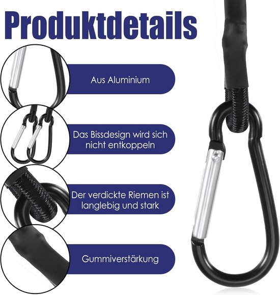 Spanrubber met Karabijnhaak - Zwart - 40 cm, 60 cm, 90 cm, 120 cm - Extra Sterke Rubber Spanners - Voor Bagage en Outdoor Gebruik — afbeelding 2