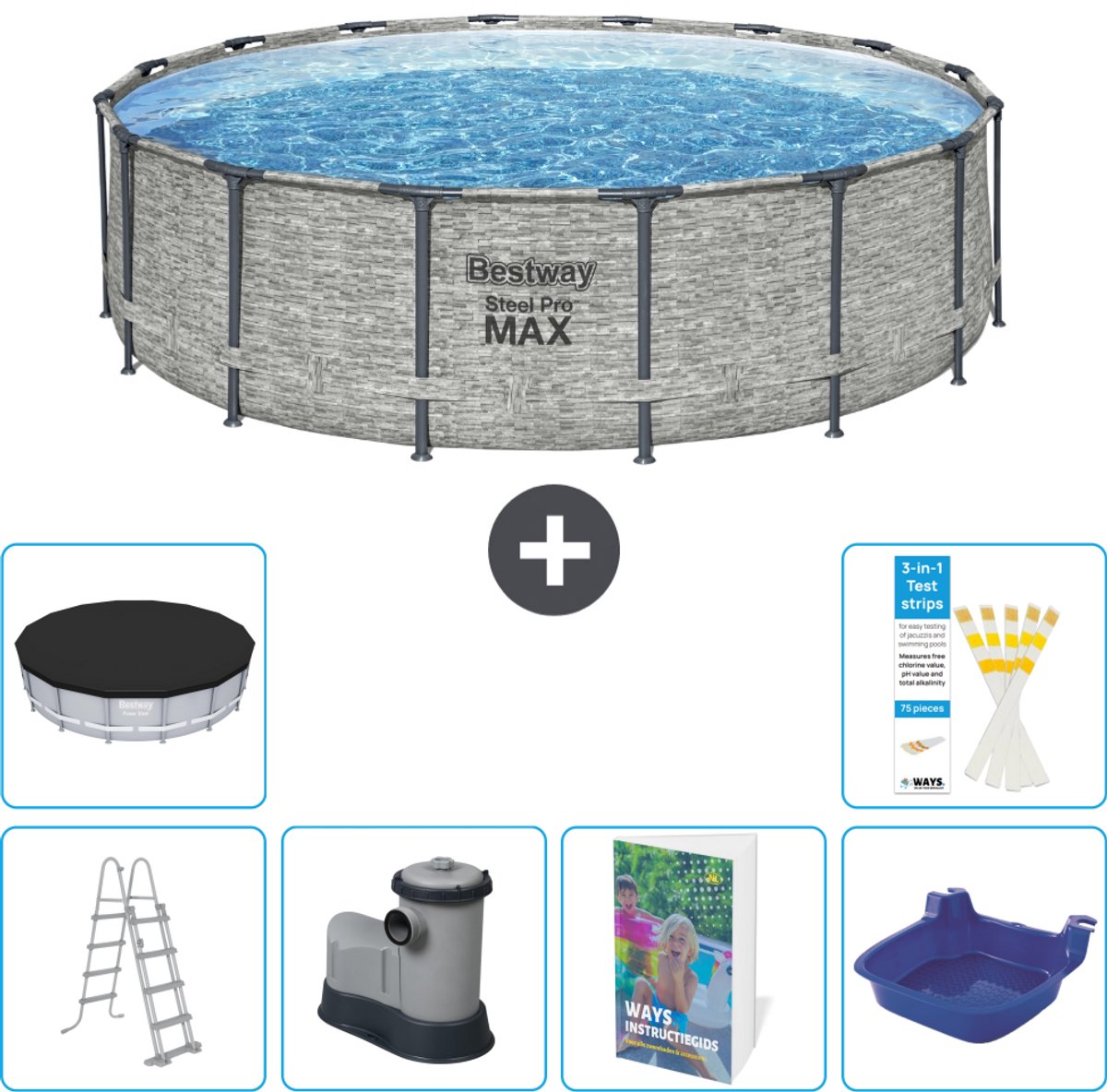 Bestway Rond Steel Pro MAX Zwembad - Steenprint - 488 x 122 cm - Inclusief Pomp - Ladder - Afdekzeil - Voetenbad - 7-delig