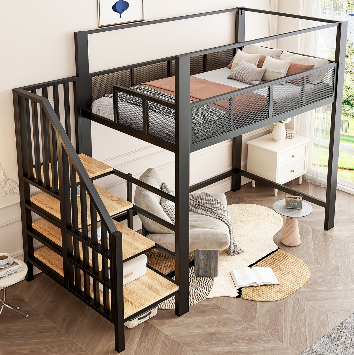 MIVRAY Hoogslaper 90x200 cm Zonder Matras - Bedframe Met Trap En Opbergruimte - Met Baldakijn En Uitvalbeveiliging - Metaal - Zwart