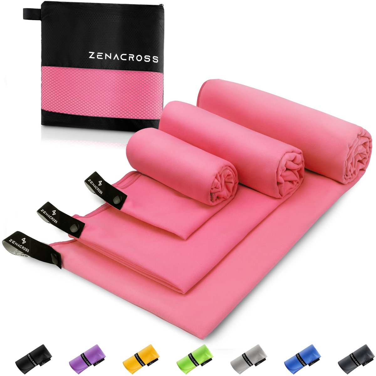 Omgoods - Microfiber Handdoeken Set van 3 met Draagtas - Compact en Sneldrogend - Roze