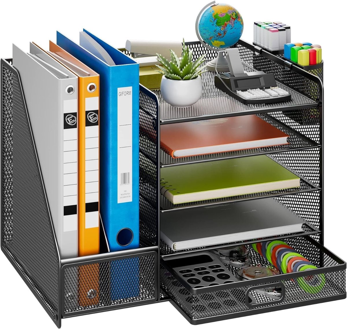 Omgoods - Mesh Bureau Organizer met Verticale Bestandshouder - 5-Lagen Papieren Letterbak met Lade