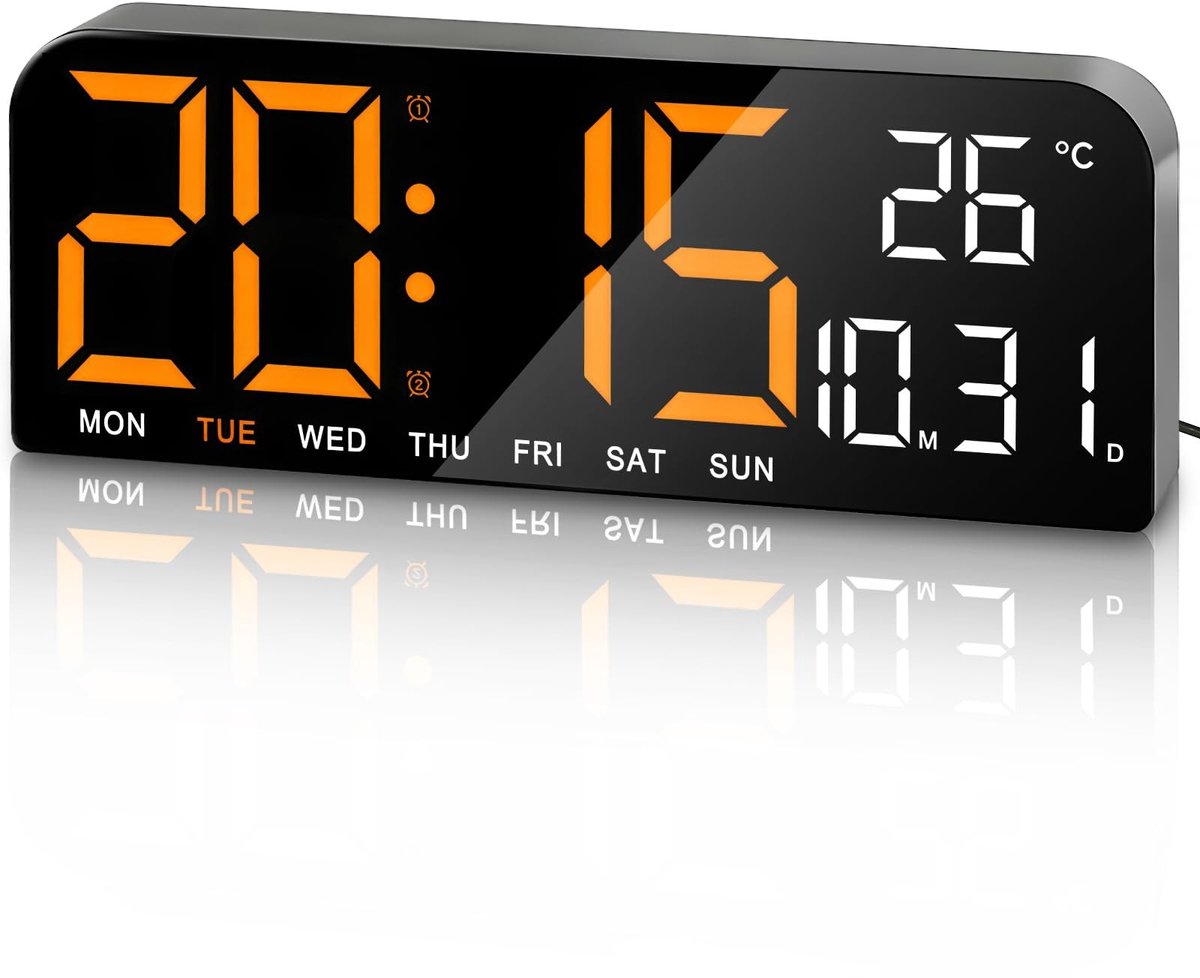 Omgoods - Digitale Wandklok 25 cm - Met Temperatuur en Alarmfunctie in Oranje