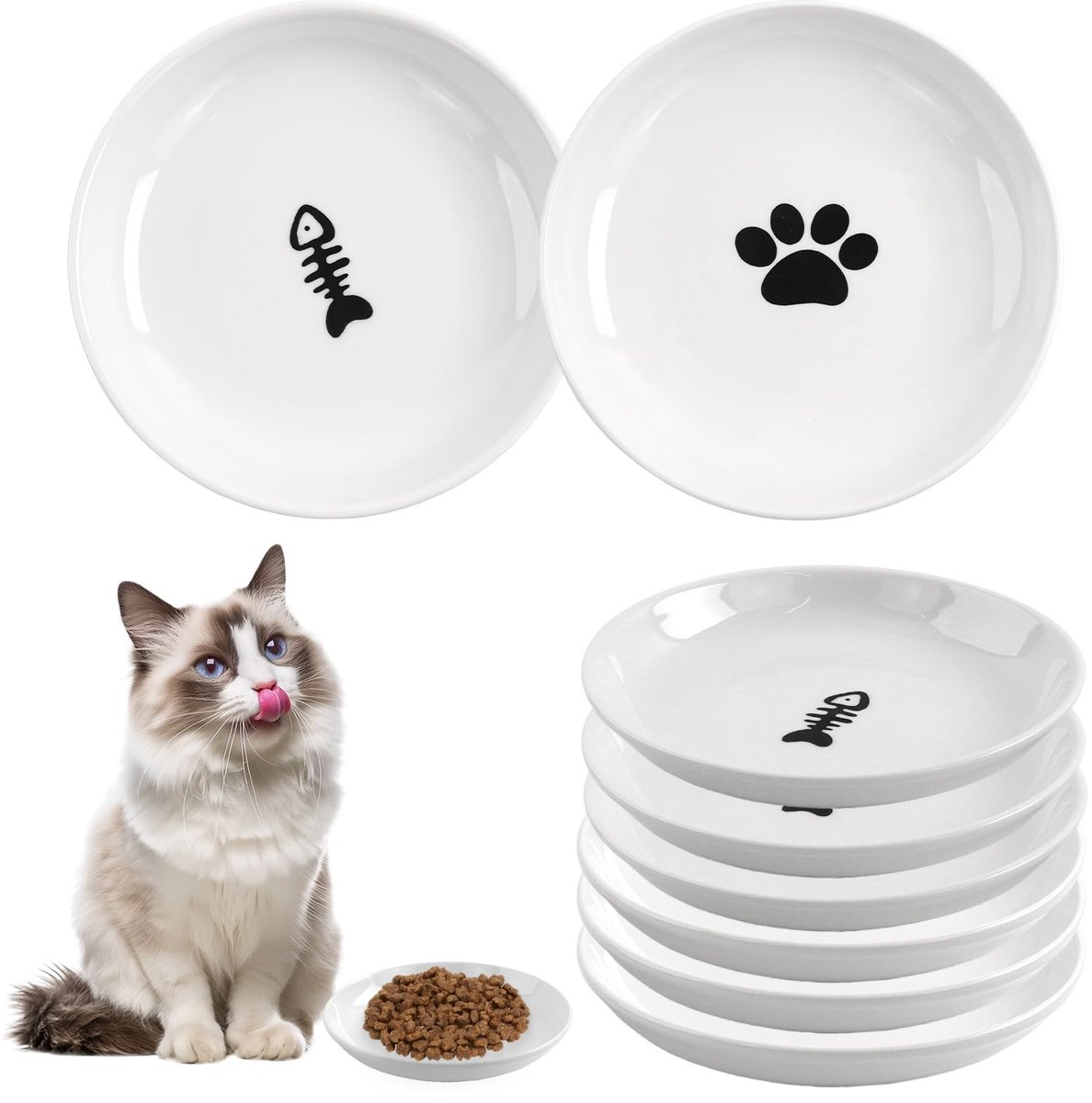 Omgoods - 6-delige Multifunctionele Kattenvoer Set met Keramische Bakken