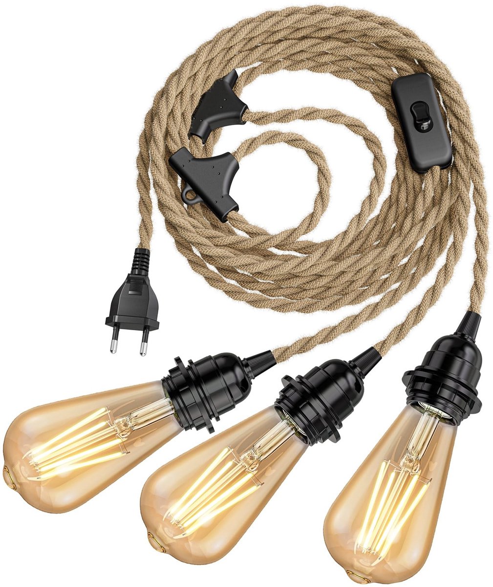 Omgoods - Hemp Kabel met 3 E27 LED Lampen - 8 m, Inclusief Schakelaar