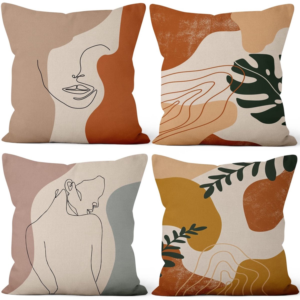 Omgoods - Set van 4 Kussenhoezen - Morandi Vrouw Gezicht Lijnstijl 50x50cm