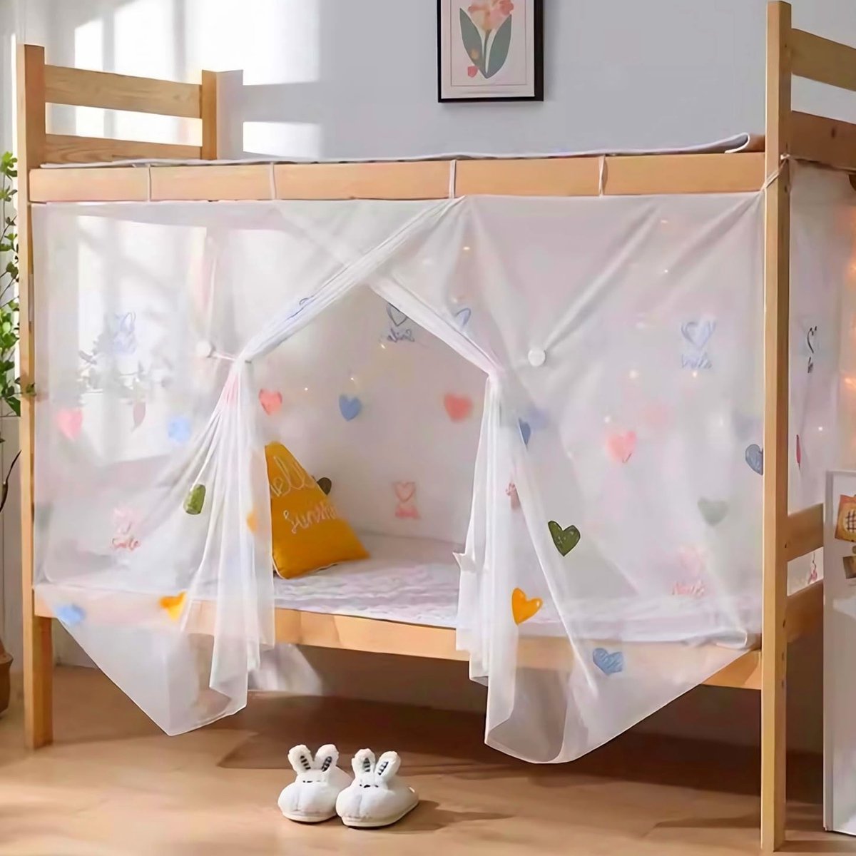 Omgoods - 8-hoekige Bedluifelgordijnen voor Meisjes - Met Kleurrijke Hartjes Borduursels