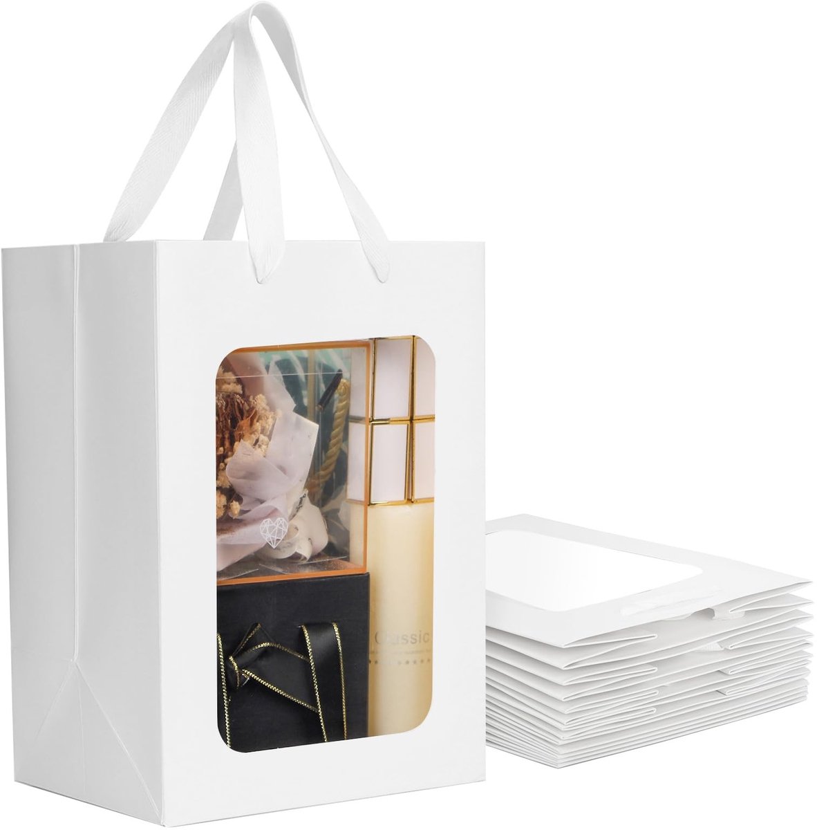 Omgoods - 10 Stuks Witte Papieren Cadeauzakken met Venster en Handvatten
