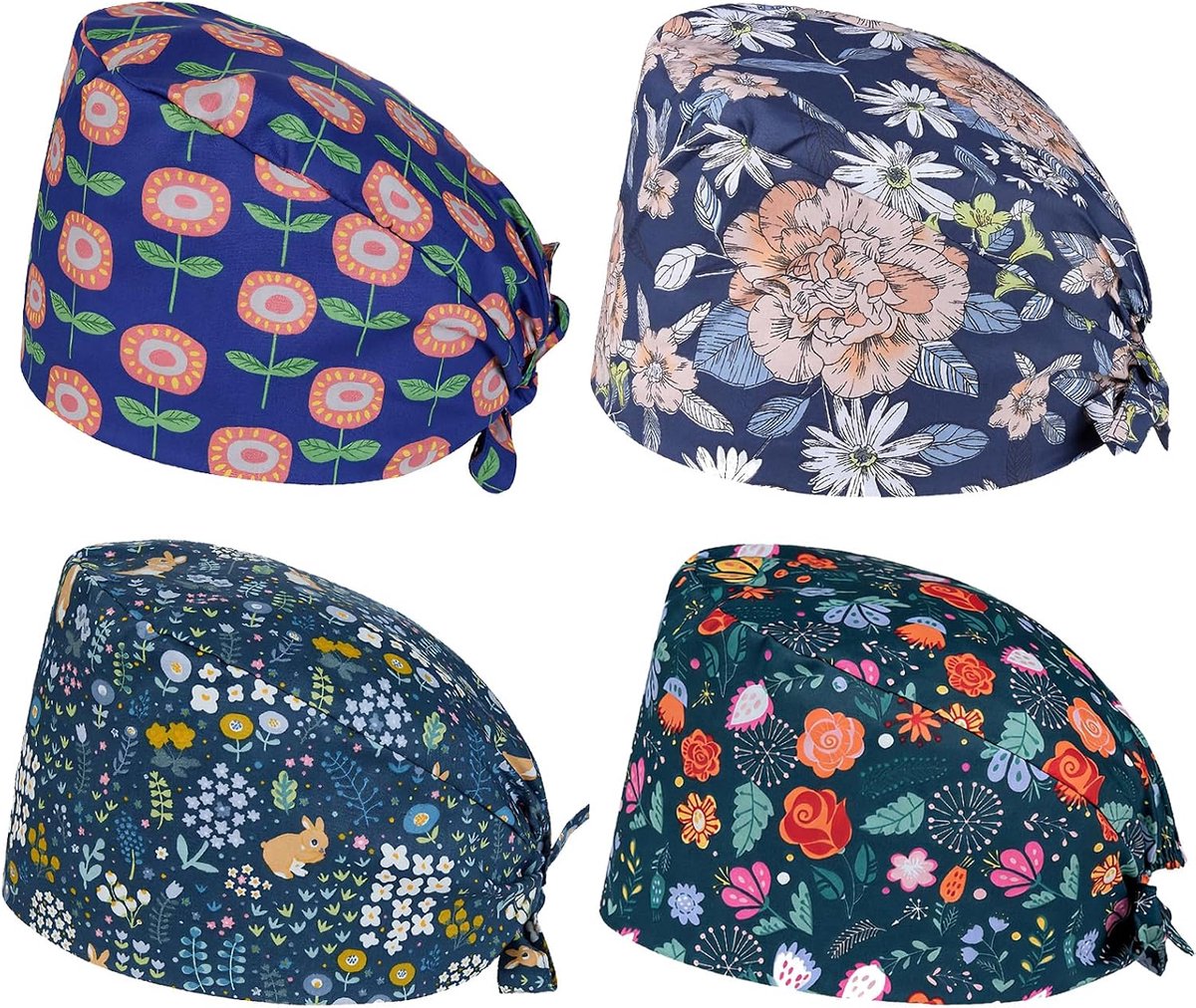 petten voor dames en heren, 4 stuks, stof, katoen, bedrukt, platte pet, kleurrijke bloemenstijl, werkmuts, werkmuts, werkmuts voor artsen en verpleegkundigen