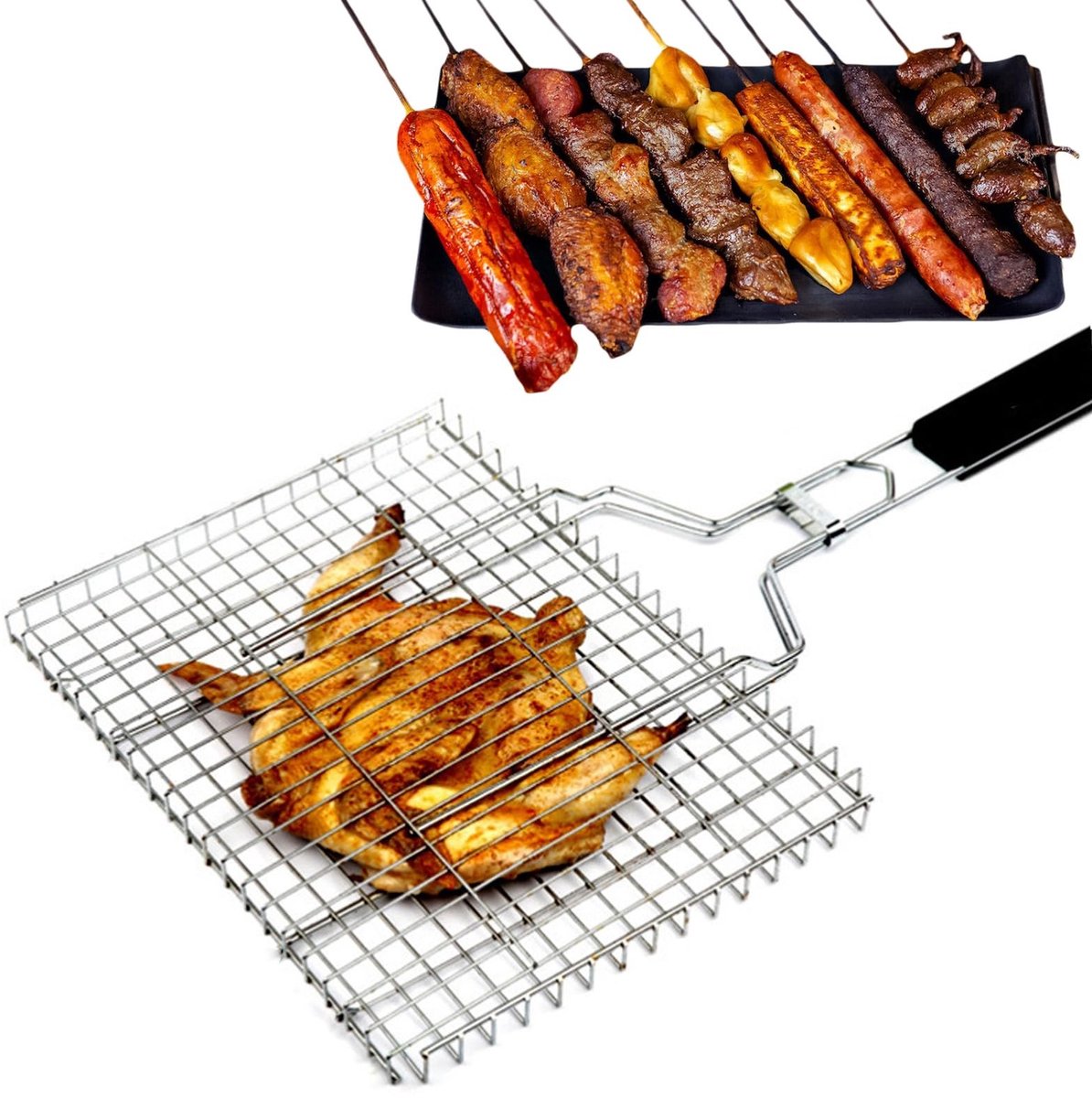 Omgoods- Grillmand Roestvrij Staal - Hittebestendig Houten Handvat - BBQ Accessoires - Draagbaar Outdoor - Groot Kookoppervlak - Gemakkelijk Schoon Te Maken - Barbecuemand