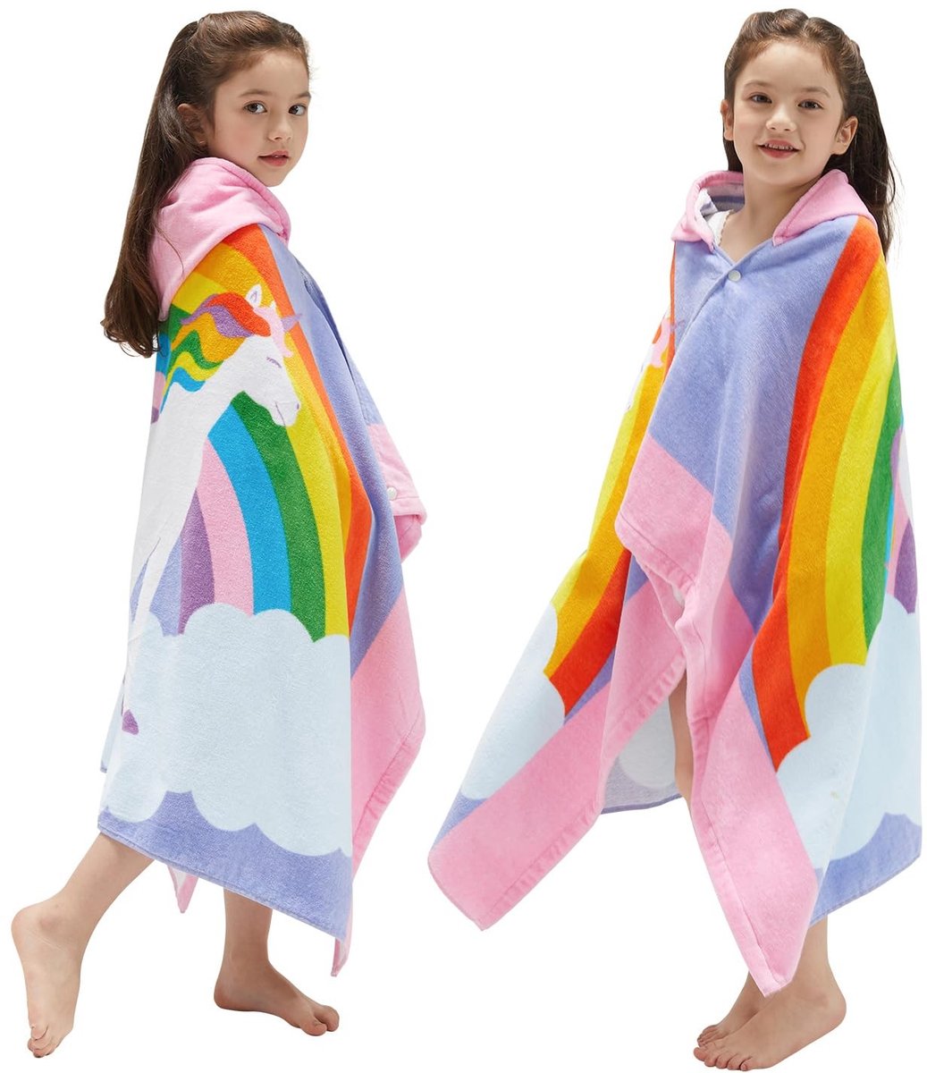 Omgoods - Kinderstrandhanddoek met capuchon - 100% katoen, extra groot 50 x 30 inch (Rainbow Unicorn)