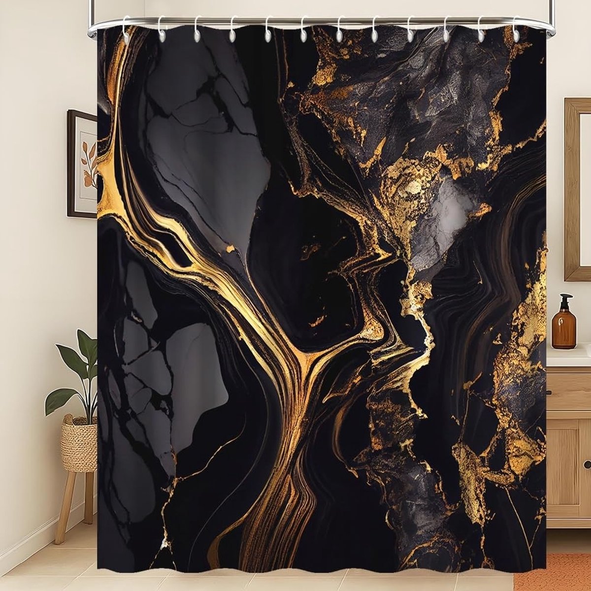 Omgoods - Luxe Douchegordijn Zwart Goud Marmer 180 x 240 cm Waterafstotend en Wasbaar