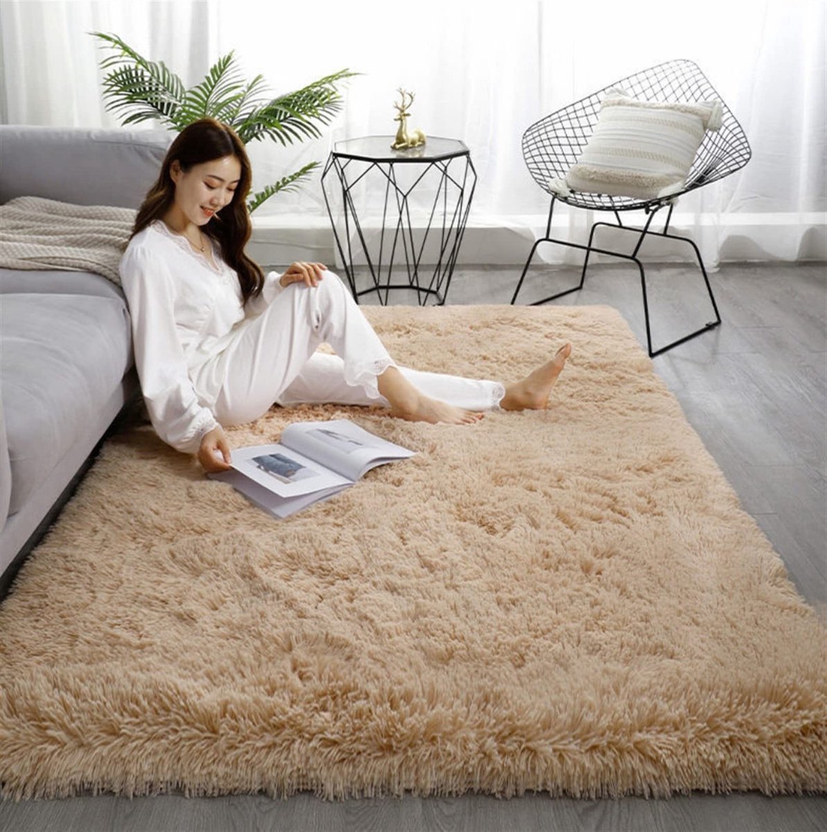 Omgoods - Fluffy Shaggy Vloerkleed voor Slaapkamer - Zacht Antislip Pluche Tapijt 60x120cm Khaki