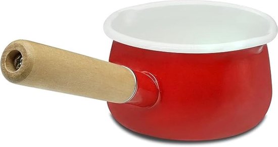 Omgoods - Emaillie Sauspan met Dubbele Gietopening - Gezonde Witte Emaille Binnenlaag en Houten Handvat
