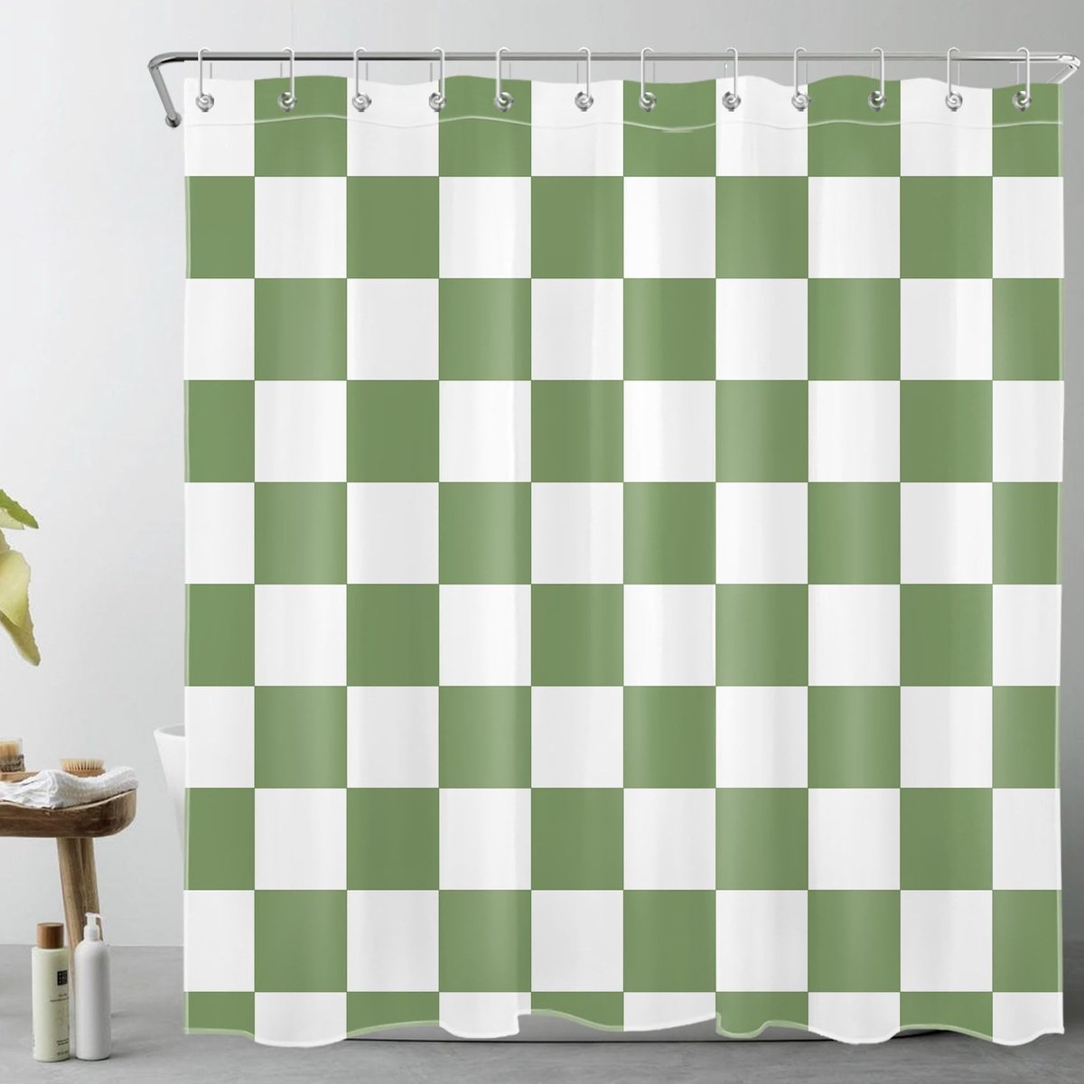 Omgoods - Douchegordijn Groen en Wit Ruit Waterdicht en Wasbaar 180 x 200 cm