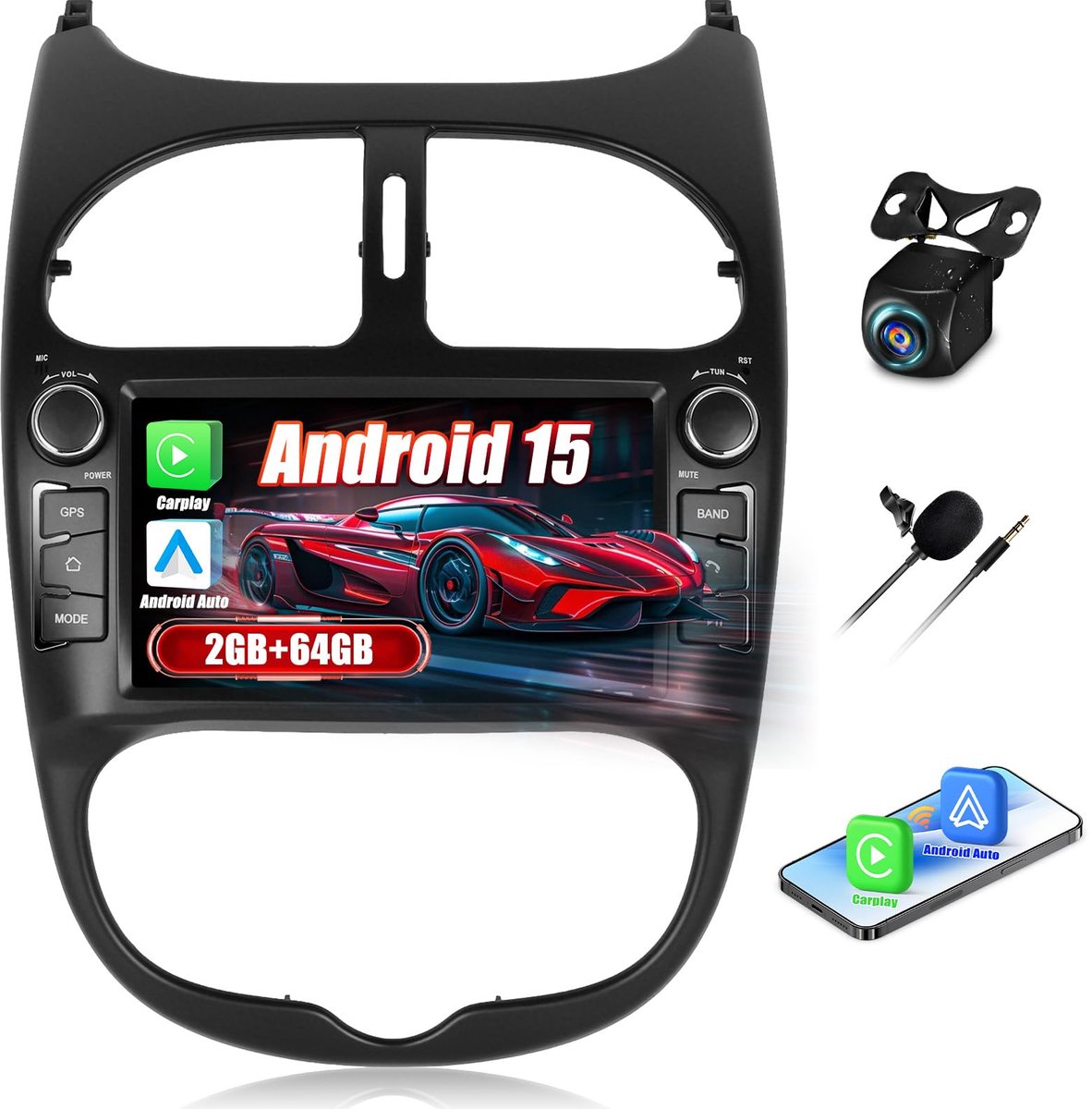 SnelShoppen - 2G+64G Android 13 Auto Stereo voor Peugeot 206 206CC 2002-2010 met Carplay, Android Auto, 7 Inch Touchscreen, GPS Navigatie, WiFi, Mirro
