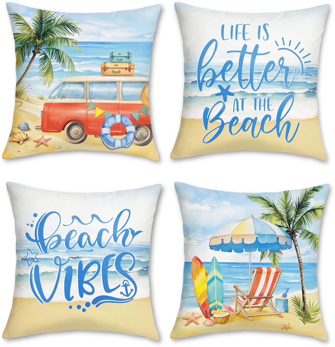 Omgoods - Set van 4 Decoratieve Kussenhoezen 45x45cm Strand Thema