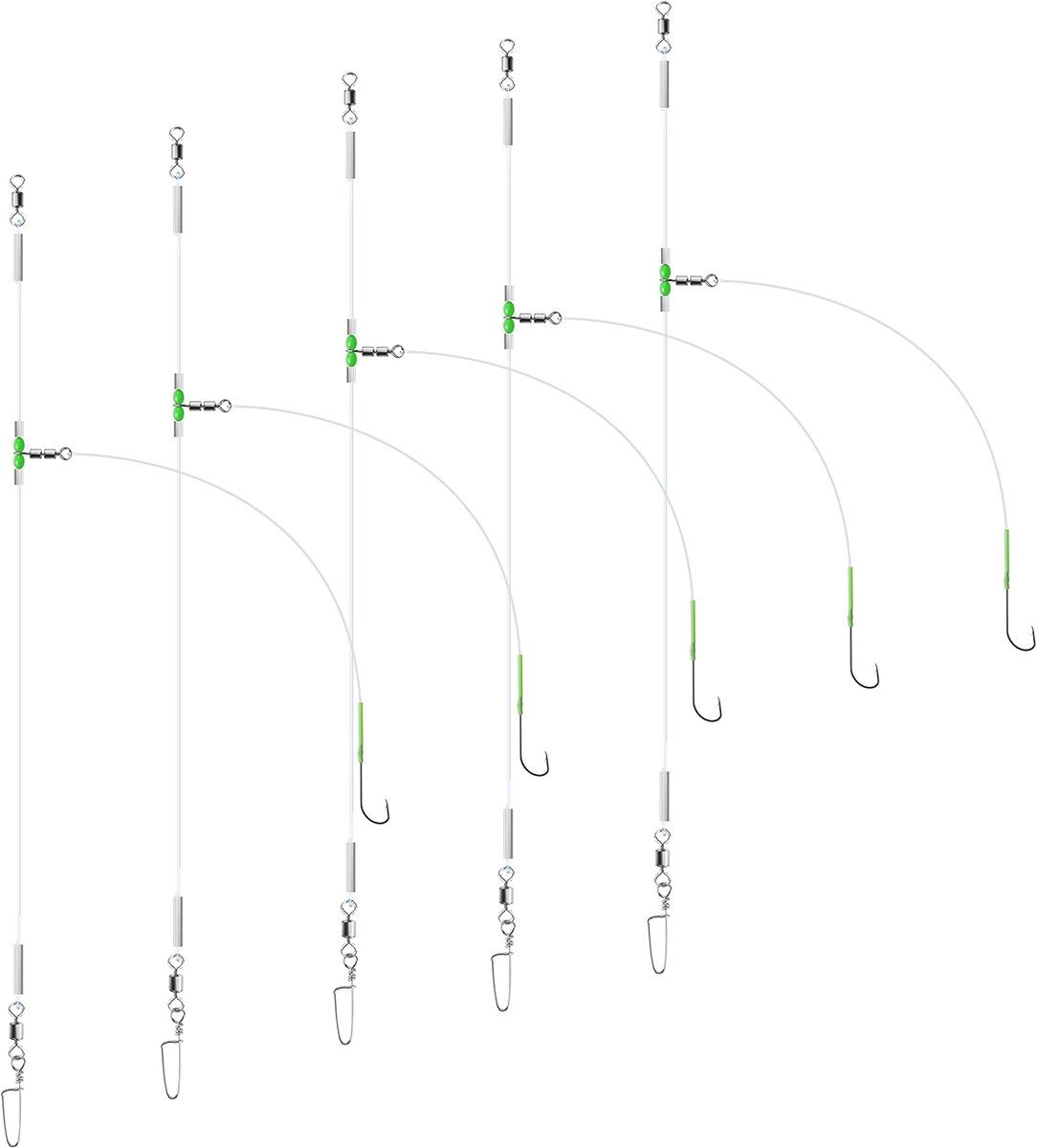 5 stks Zeevisserijtuigen, Pre Tie Flapper Rigs Zee Haak Maten 1, 2/0 voor Strand Casting Shore Vissen Bot, Whiting, Bass, Schol