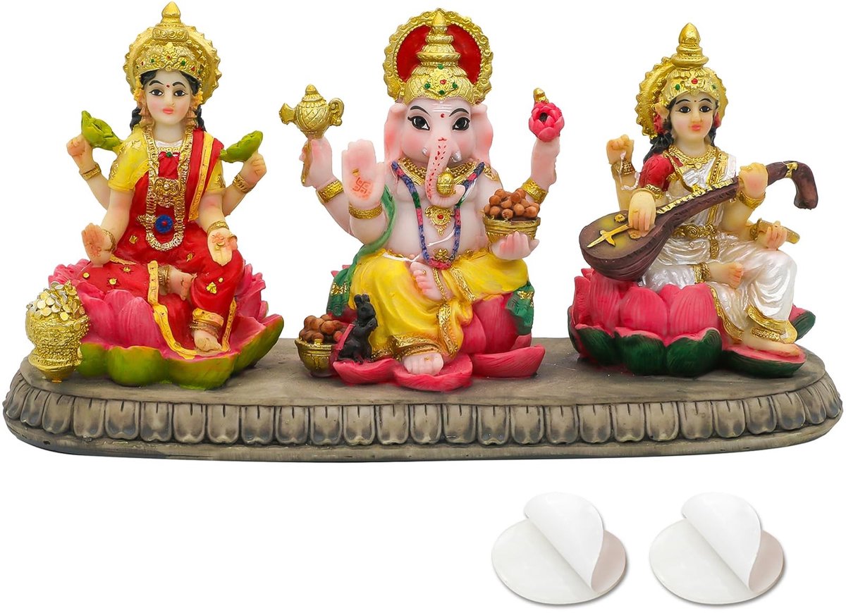 Omgoods - Hindu Lakshmi Ganesha Saraswati Standbeeld (3.5 inch) - Decoratieve Godenfiguur voor Pooja en Thuis