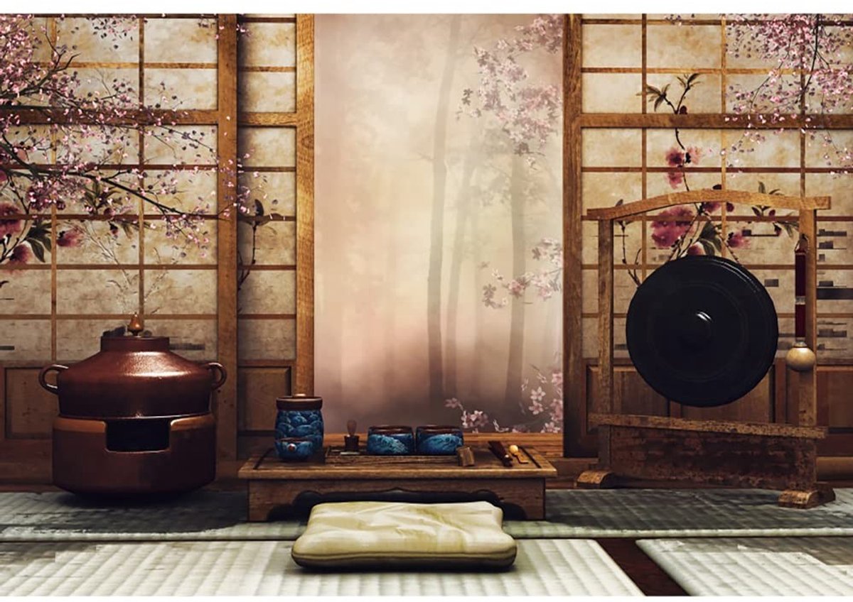 Omgoods - Japanse Achtergrond voor Fotografie - 3.5x2.5m met Bloemen en Theeset