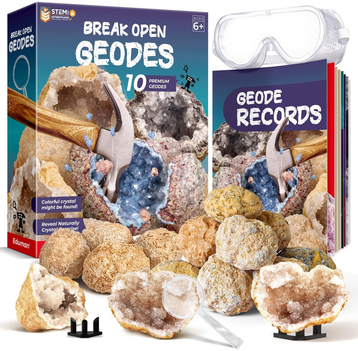Omgoods - Geodes voor Kinderen - Natuurlijke Geode Set met Veiligheidsbril en Vergrootglas