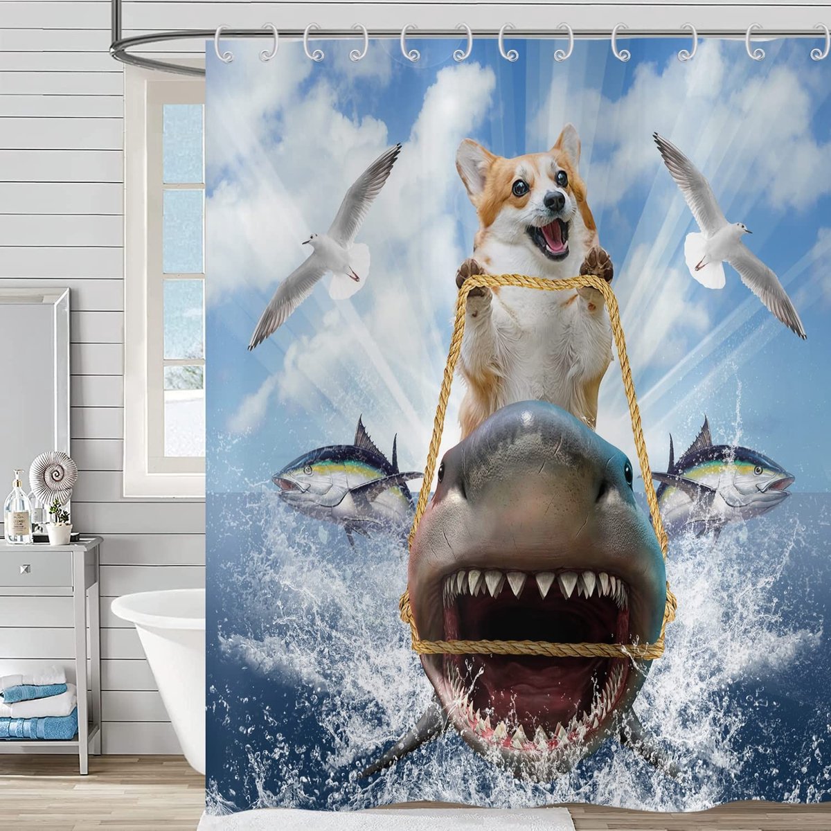 Omgoods - Grappig Douchegordijn met Hond op Haai 180 x 200 cm
