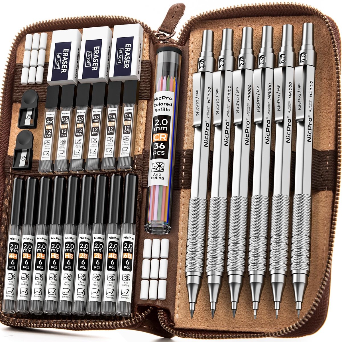 Omgoods - Nicpro 30-delige Zilveren Mechanische Potlood Set in Lederen Etui