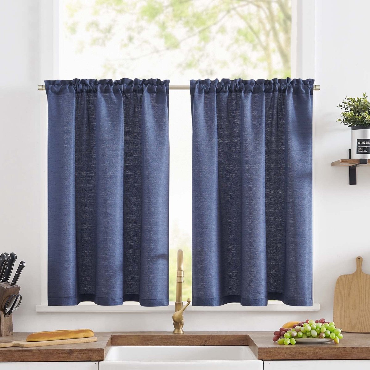 Omgoods - Linnen Look Bistro Gordijnen - 90 x 60 cm - Blauw - Set van 2