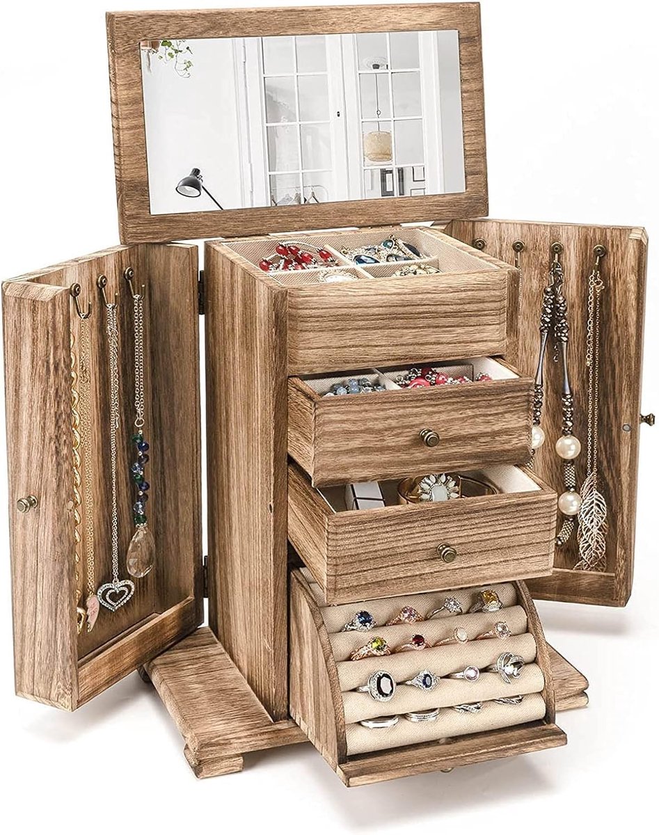 Omgoods - Grote Houten Sieradenbox met Spiegel - 4 Laags Organizer voor Ringen, Oorbellen, Armbanden