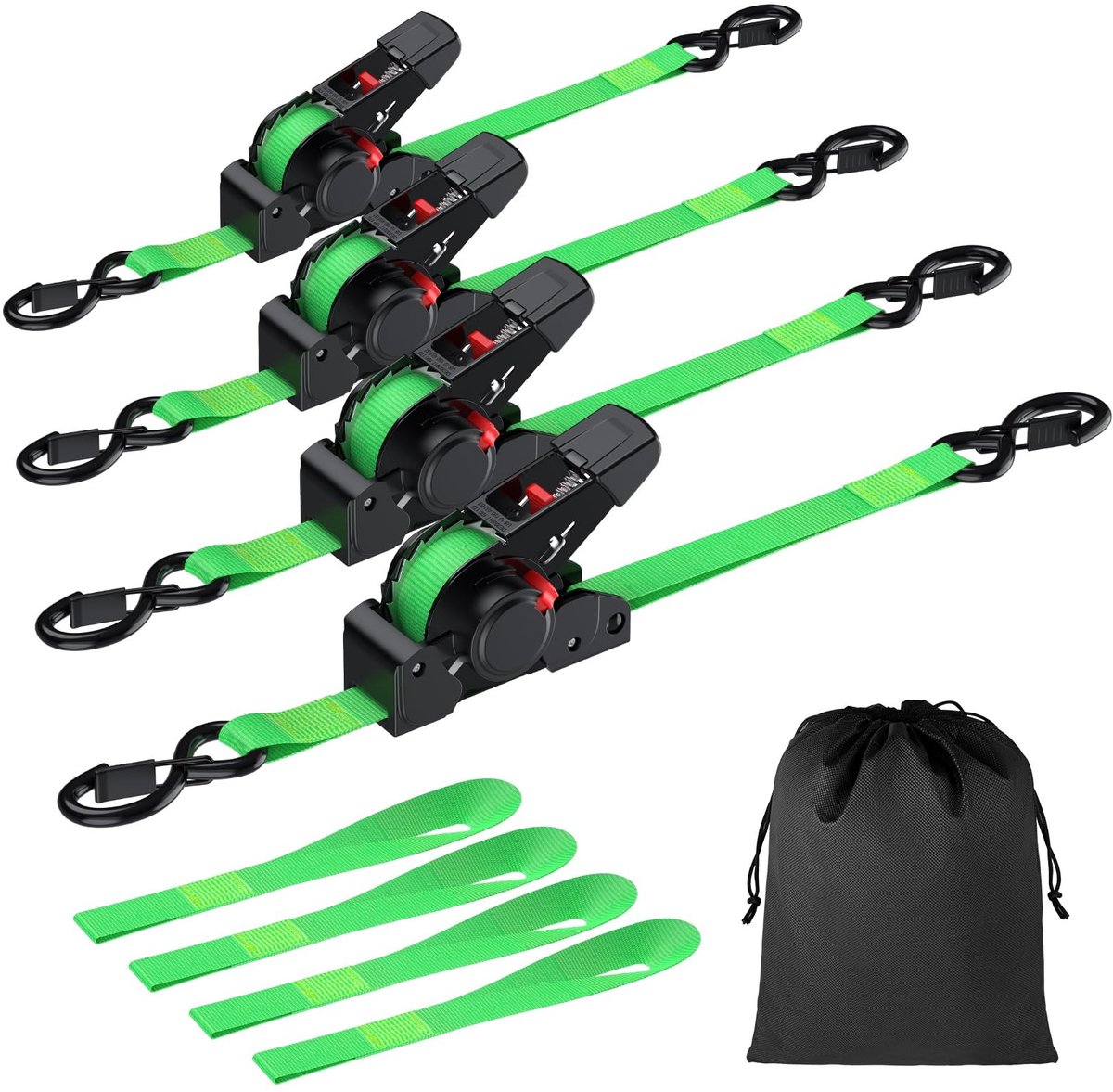 Omgoods - Retractable Ratchet Lashing Straps - Set van 4 met Automatisch Oprolsysteem