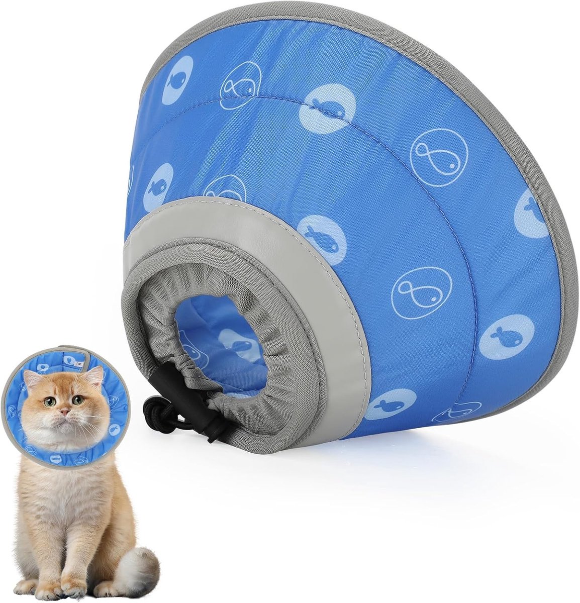 Kattenhalsband van zachte, lichte stof (visblauw, L) | Anti-likken, krasbestendig, verstelbaar, opvouwbaar, comfortabel en veilig