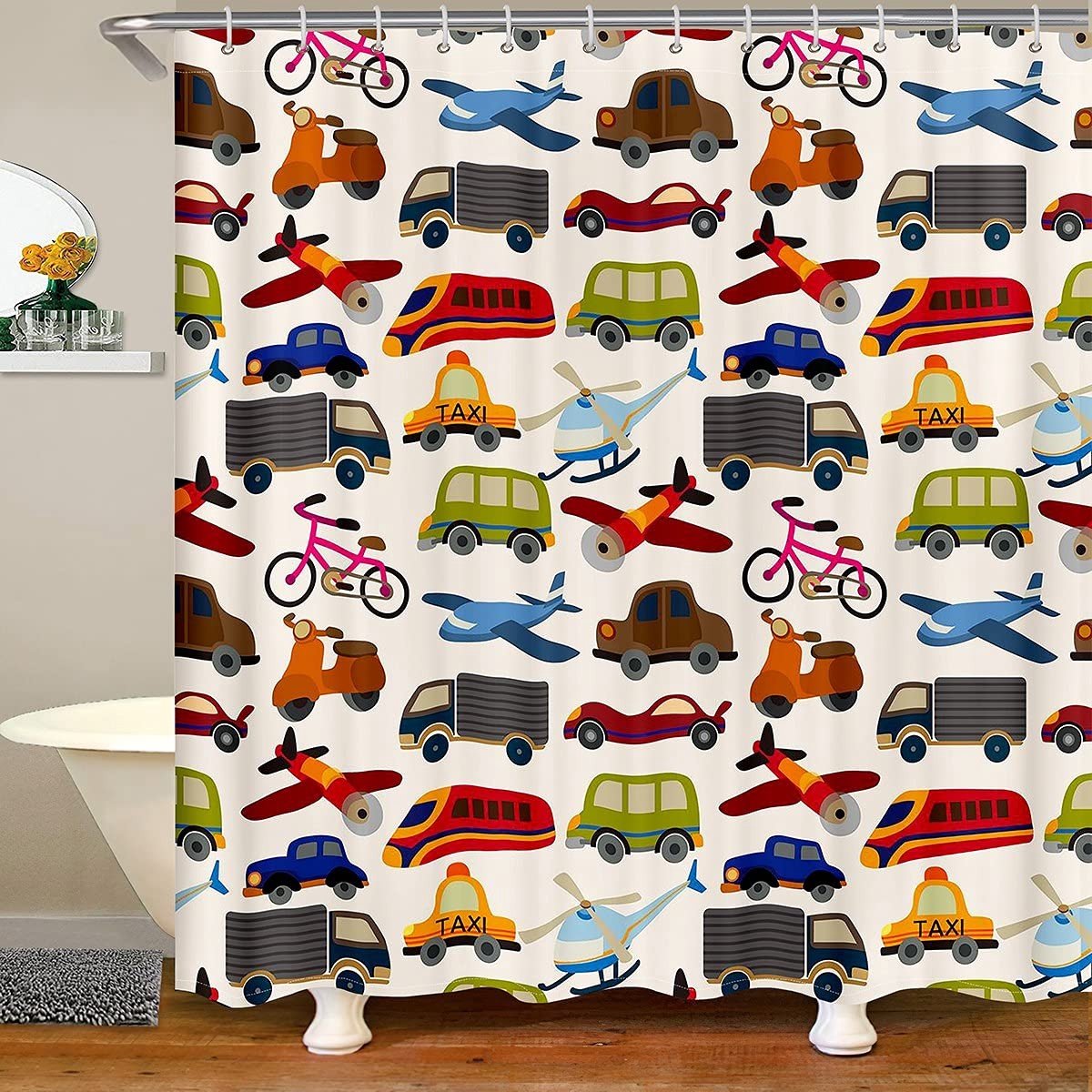 Omgoods - Schattig Voertuigen Douchegordijn voor Kinderen 180 x 210 cm