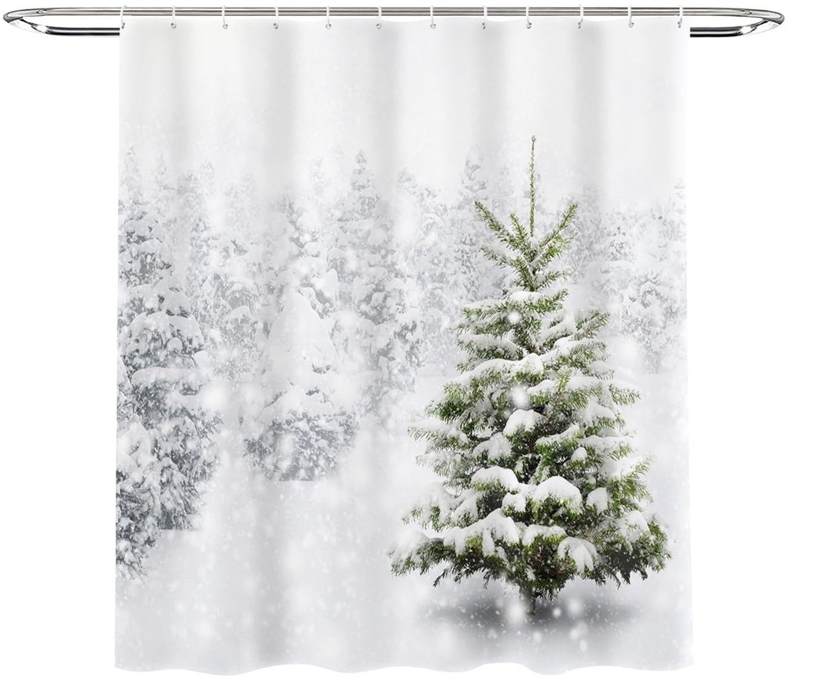 Omgoods - Kerst Douchegordijn met Sneeuwvlokken en Dennenbomen 180x180cm