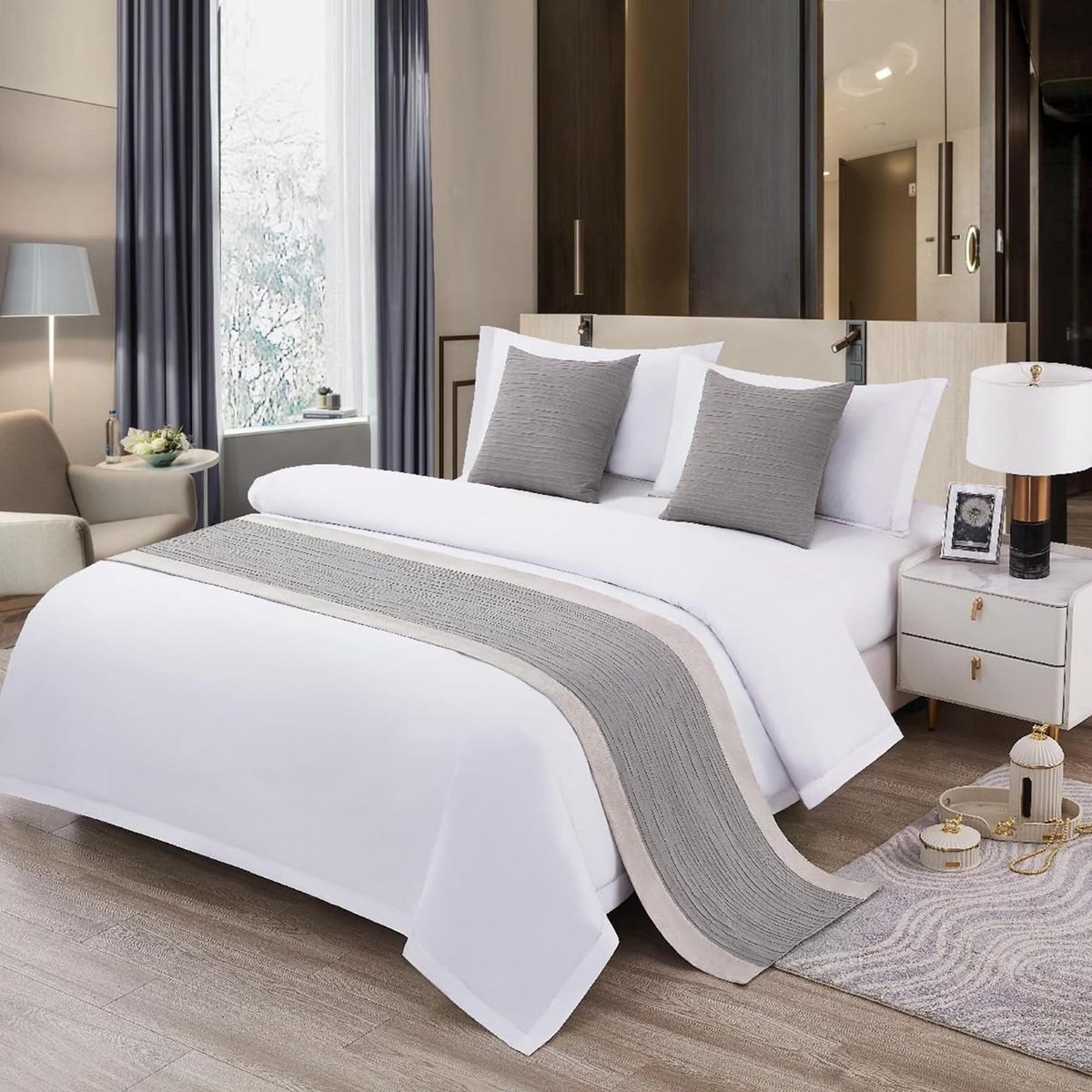Omgoods - Hotel Bed Runner - Dubbelzijdige Beddeken van Katoen en Linnen, Lichtgrijs 50 x 240 cm
