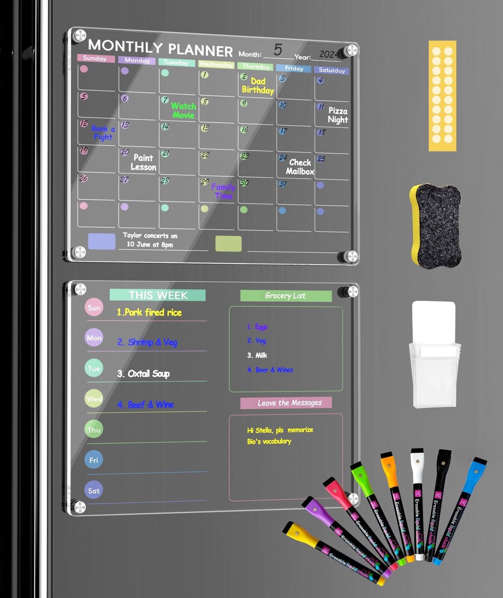Omgoods - Acryl Magnetische Kalender voor Koelkast - 2 Stuks, Droogafveeg Planner met 8 Markers
