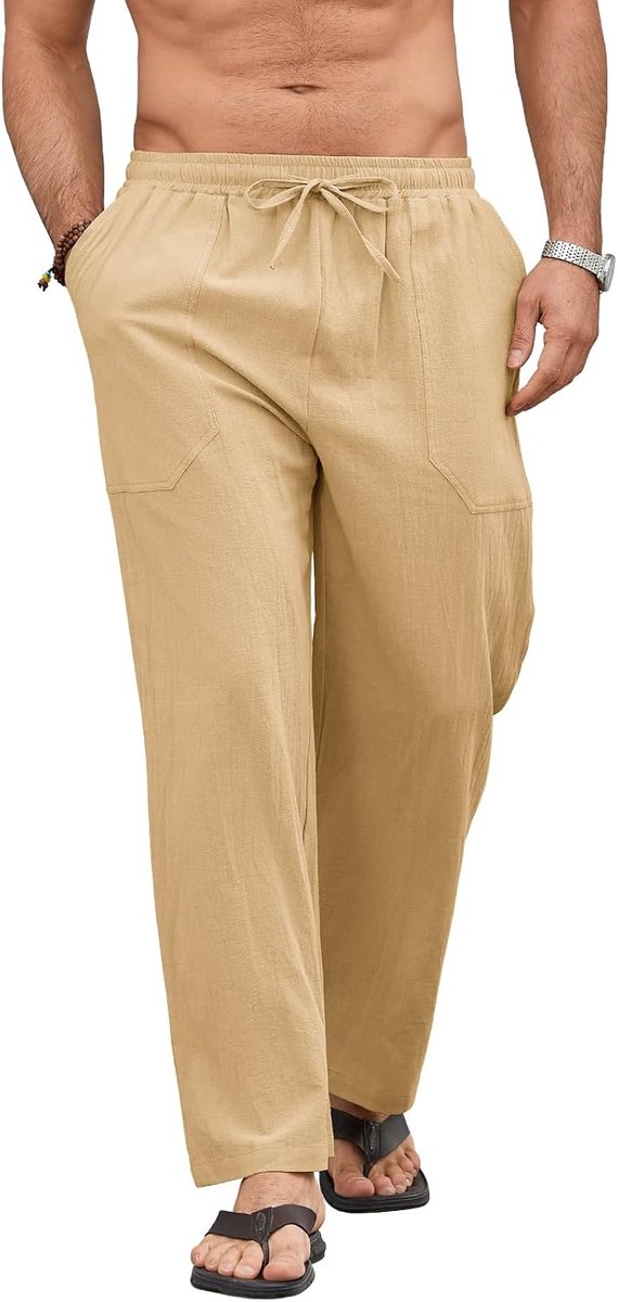 herenbroek, casual losse pasvorm, broek met trekkoord, zomer, lichtgewicht, ademend, katoenmix, strandloungebroek met zakken
