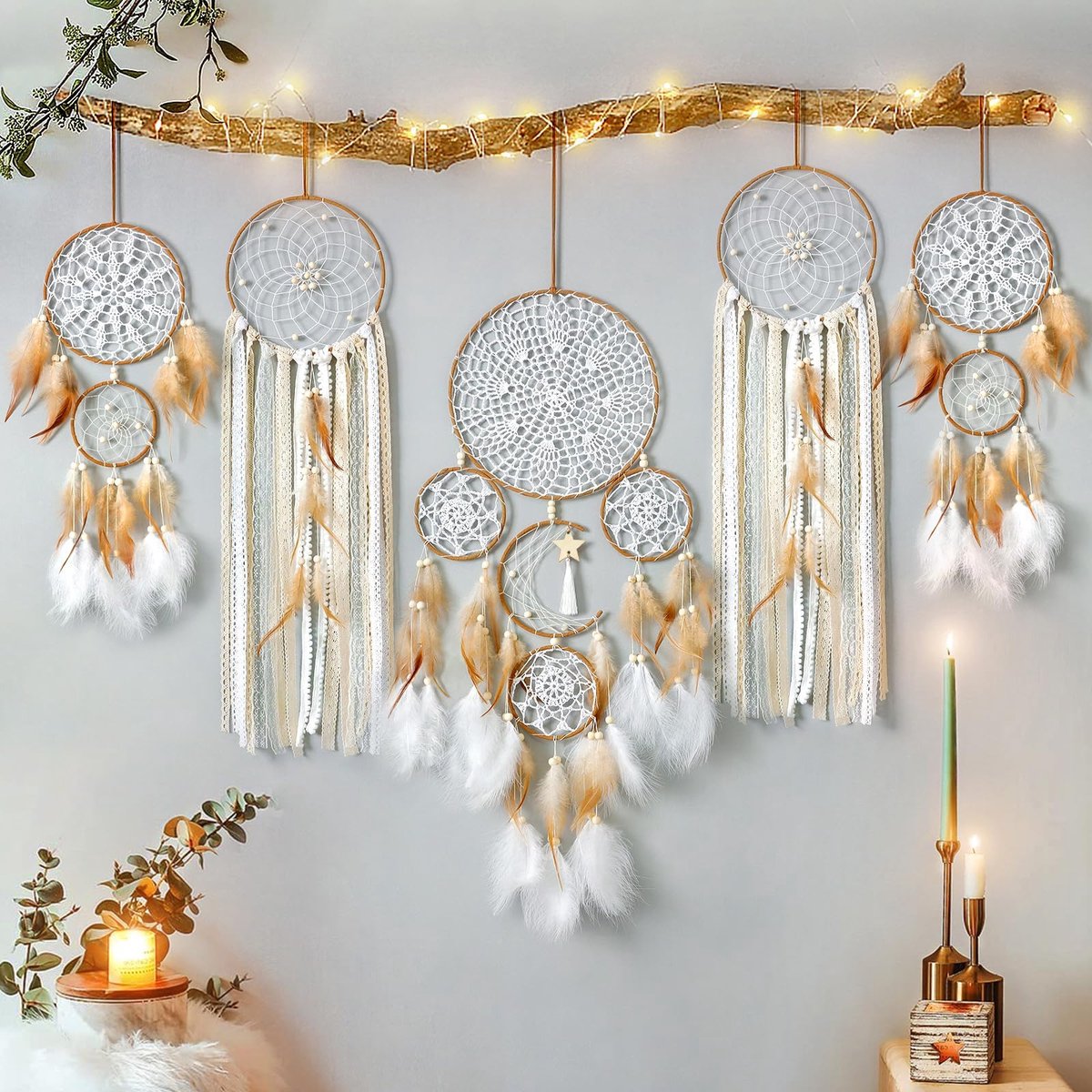 Omgoods - 5 Stuks Droomvangers met Maan en Zon Design - Bohemian Wanddecoratie voor Kinderen