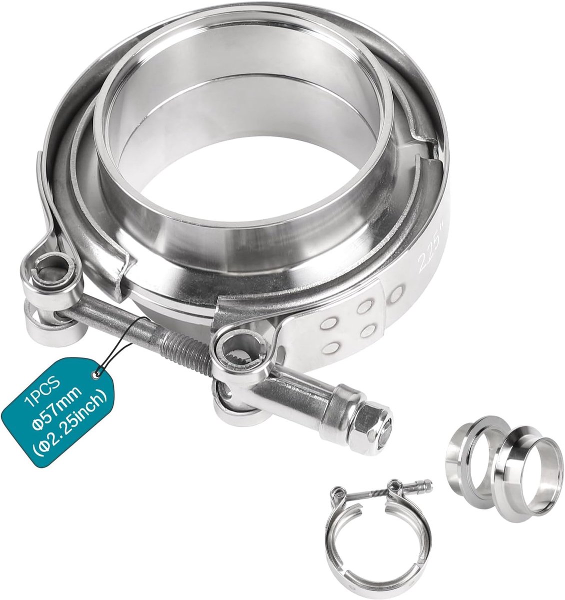+ flens, Ø 57 mm, uitlaat V-bandklem, roestvrij staal 304 kit, V-bandklemmen, aansluitringen met centreeringsringen voor turbo, uitlaat, downpipe (1 stuk, zilver)