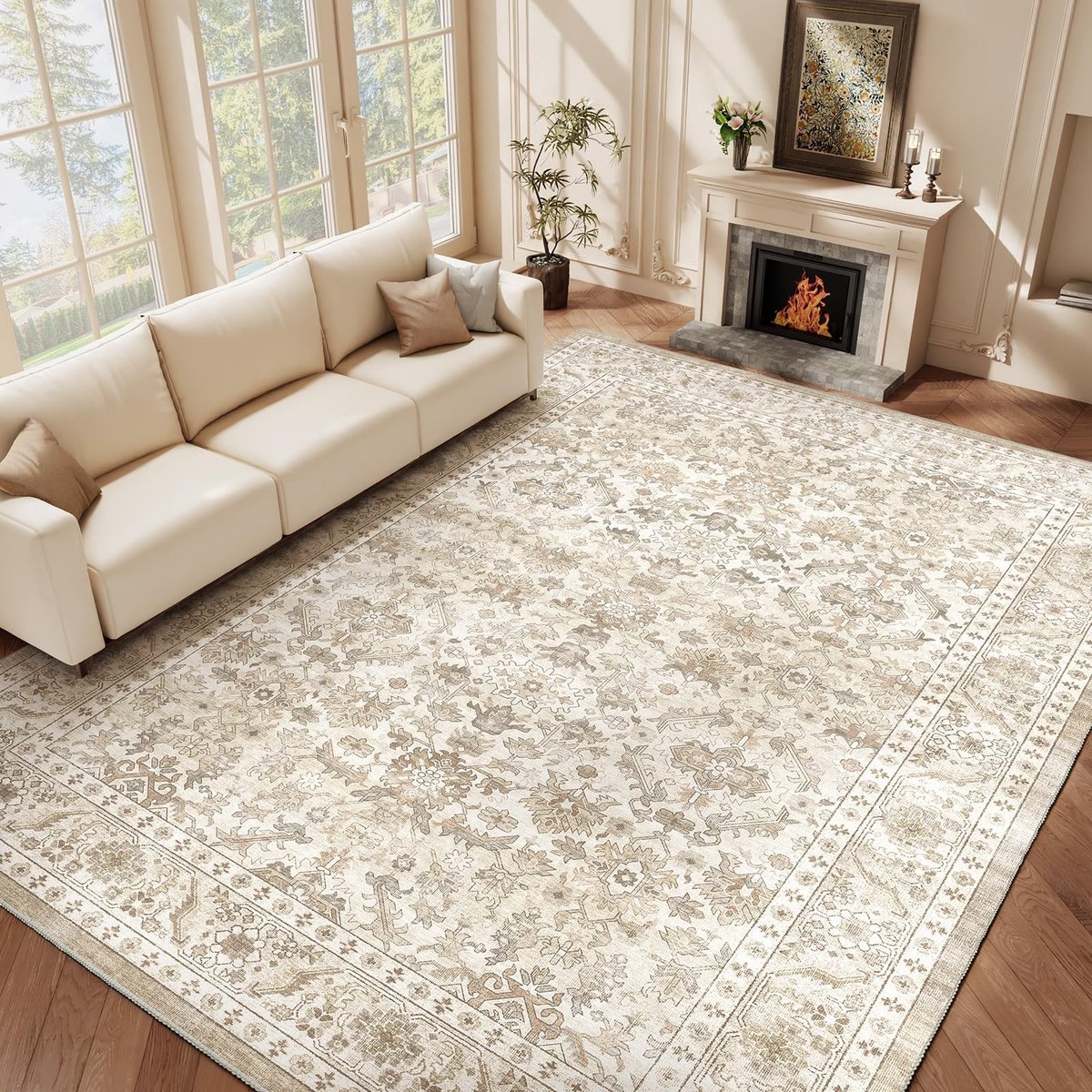 Omgoods - Vintage Beige Vloerkleed 120 x 170 cm met Bloemenpatroon