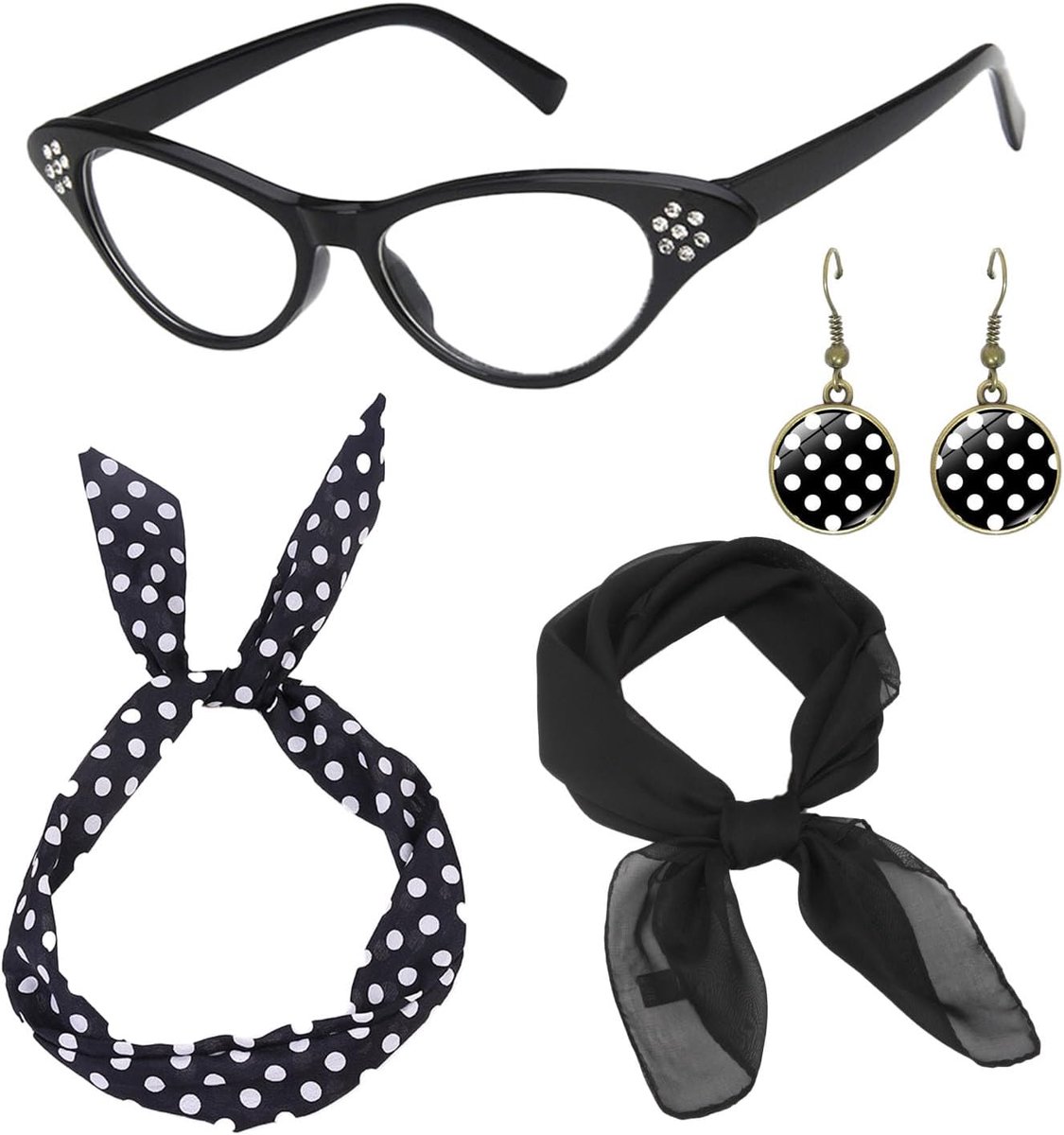 4 stuks jaren 50 fancy dress accessoires - kattenoogbril stippen bandana stropdas hoofdband oorbellen zwarte dames vet fancy dress voor vrouwen meisje dames kinderen